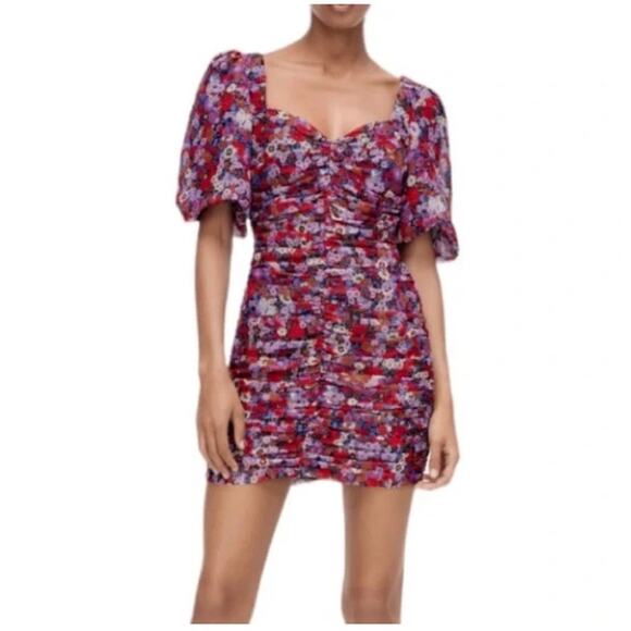 NWT Zara Floral Puff Sleeve Ruched Mini Dress Size XS - Picture 7 of 14
